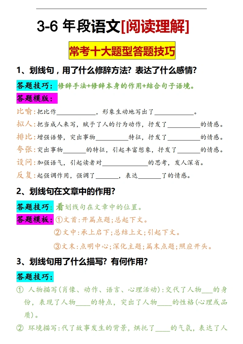3-6年级语文【阅读理解】常考题型-学芽网