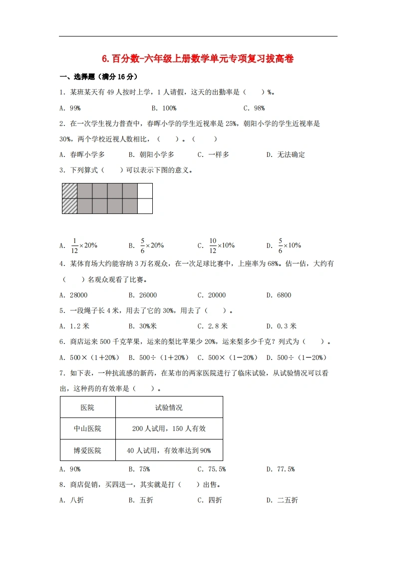 6.百分数-六年级上册数学单元专项复习拔高卷（苏教版，含答案）
