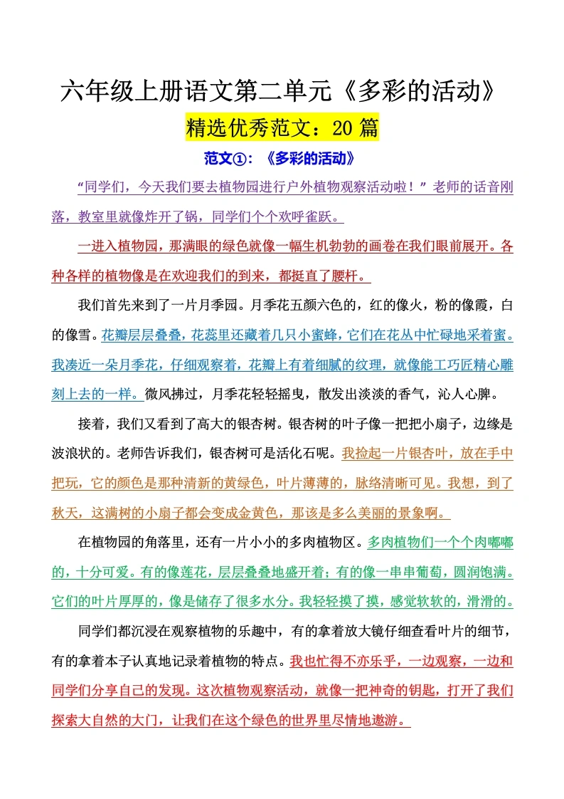 《第二单元》多彩的活动：精选范文20篇-学芽网