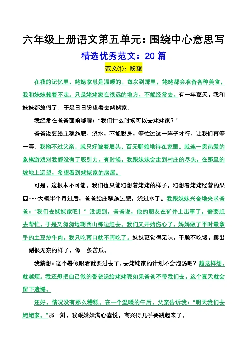 《第五单元》围绕中心意思写精选范文：20篇-学芽网