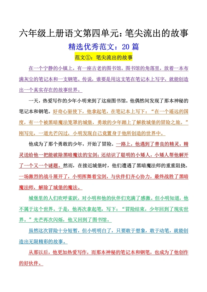 《第四单元》笔尖流出的故事：精选范文20篇-学芽网