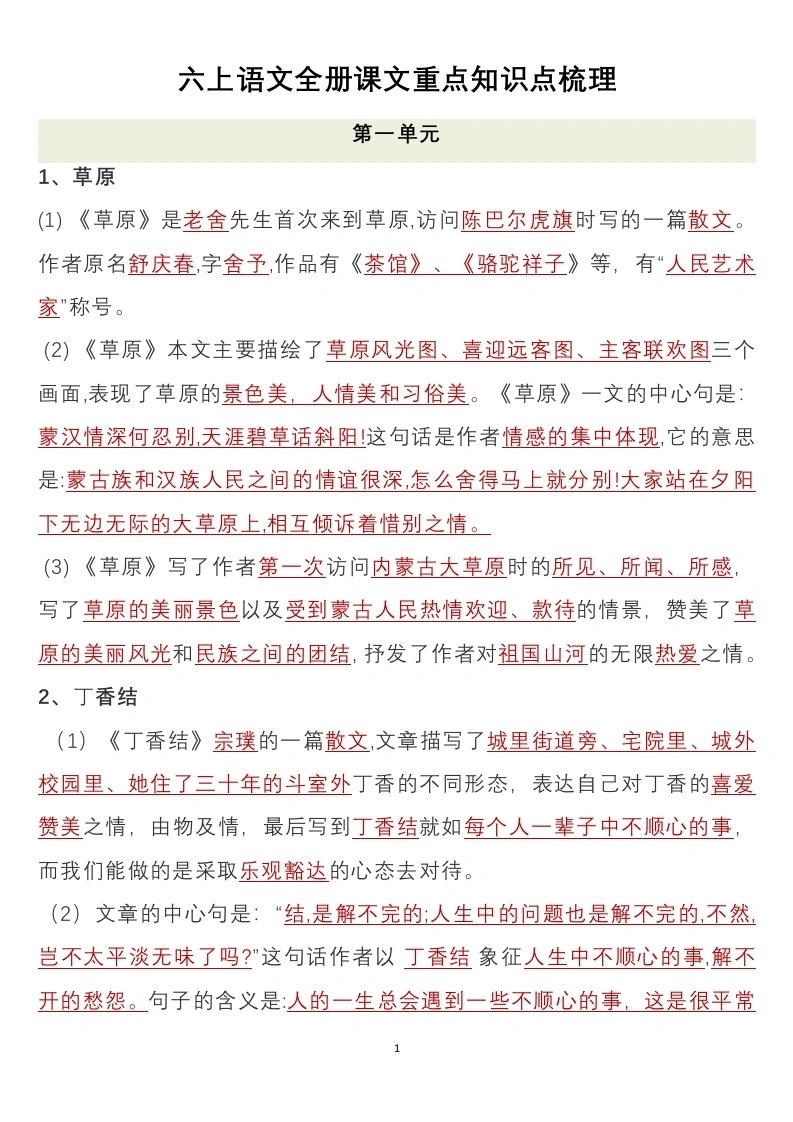 【1-8单元】六上语文全册课文重点知识点梳理.-学芽网