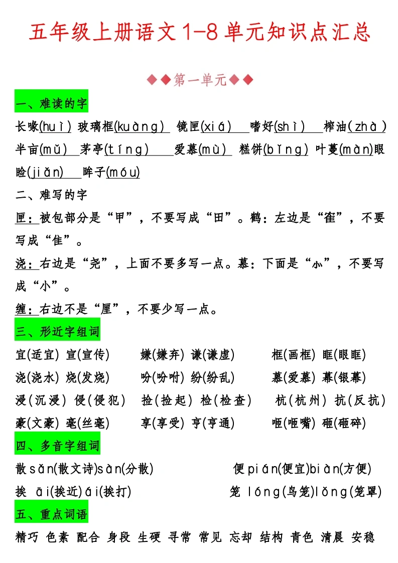 【1-8单元必考知识汇总】五年级语文知识点-学芽网