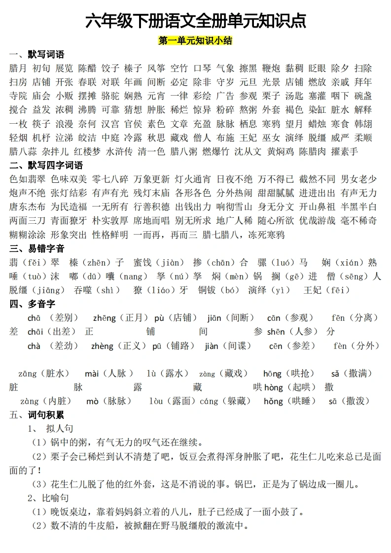 【1-8单元知识点汇总】六下语文-学芽网