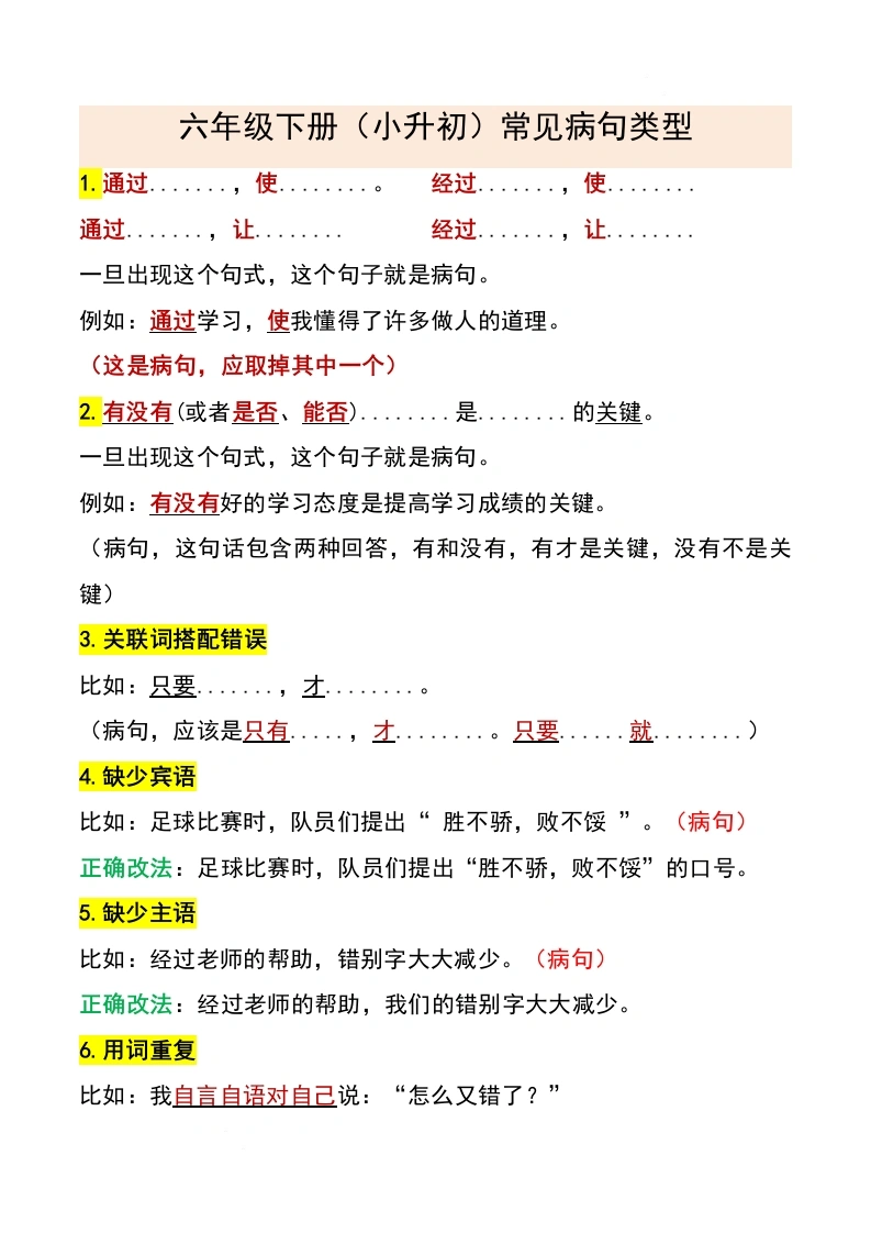 【修改病句专项练习】六年级下语文重点专项练习-学芽网