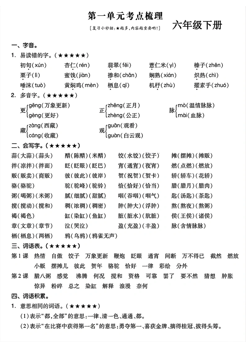 【单元考点梳理】六年级下册语文基础重点-学芽网