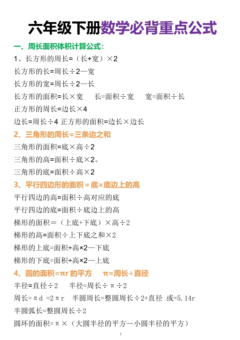 【数学必背公式及定义】六年级下册数学小升初数学必背公式及定义全国通用(02)-学芽网