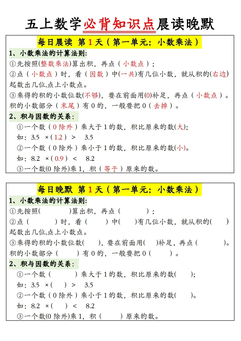 【晨读晚默必背知识点】人教版-五上数学晨读晚默必背知识点小纸条-学芽网