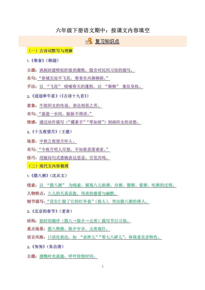 【期中重点知识梳理练习】按课文内容填空-语文六年级下册期中专项练-学芽网