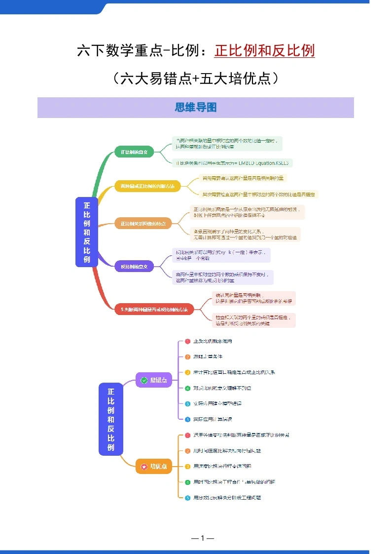 【正比例和反比例-练习版】（六大易错点五大培优点）-六年级下册数学-学芽网