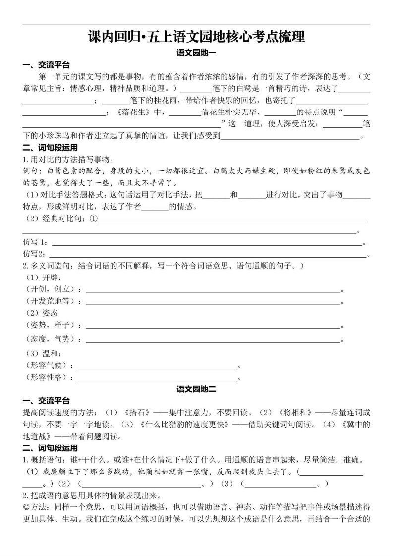 【语文园地练习】五年级上册语文课内语文园地核心考点梳理-学芽网