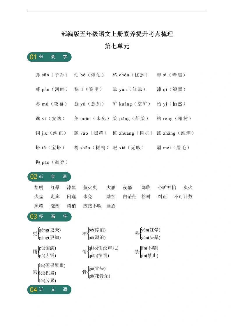 【语文字词句高频考点】第七单元素养提升考点梳理-学芽网