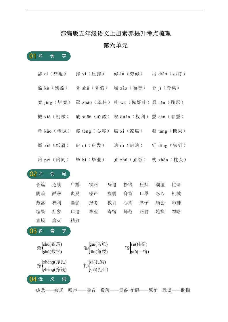 【语文字词句高频考点】第六单元素养提升考点梳理-学芽网