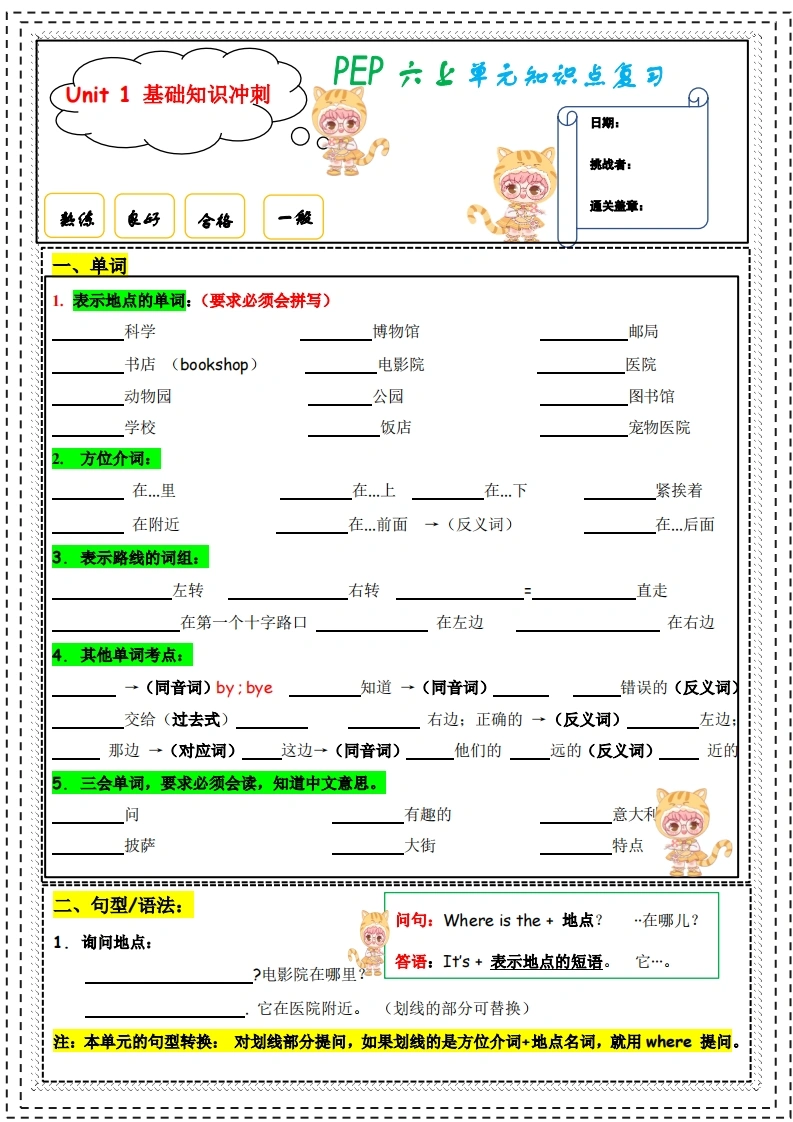 【默写版】人教pep版单元知识点冲刺复习-六年级英语上册U1-U618页-学芽网