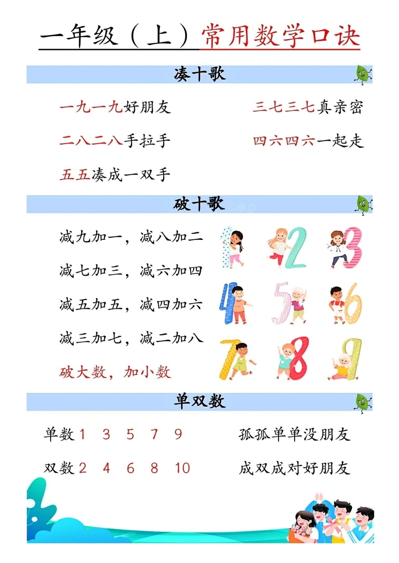 一年级上册数学常用数学口诀-学芽网