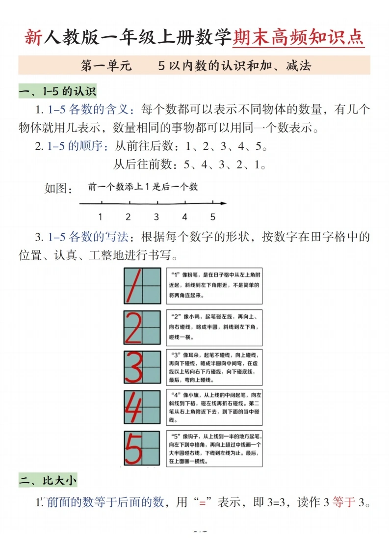 一年级上册数学期末高频知识点（人教版）
