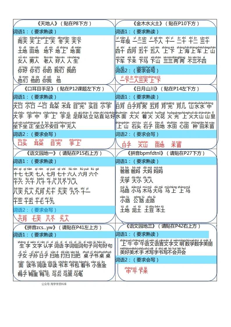 一年级上册语文彩色版课课贴