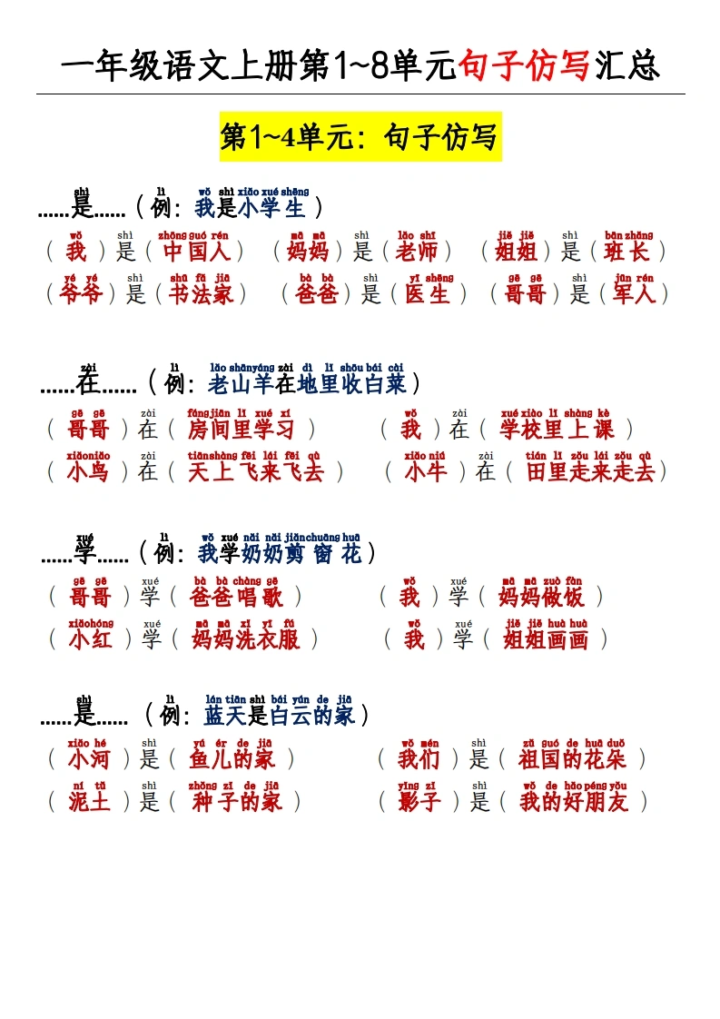 一年级上册语文第1~8单元句子仿写专项（答案）