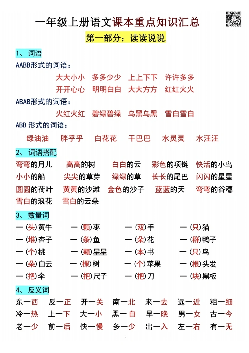 一年级上册语文课本重点知识汇总