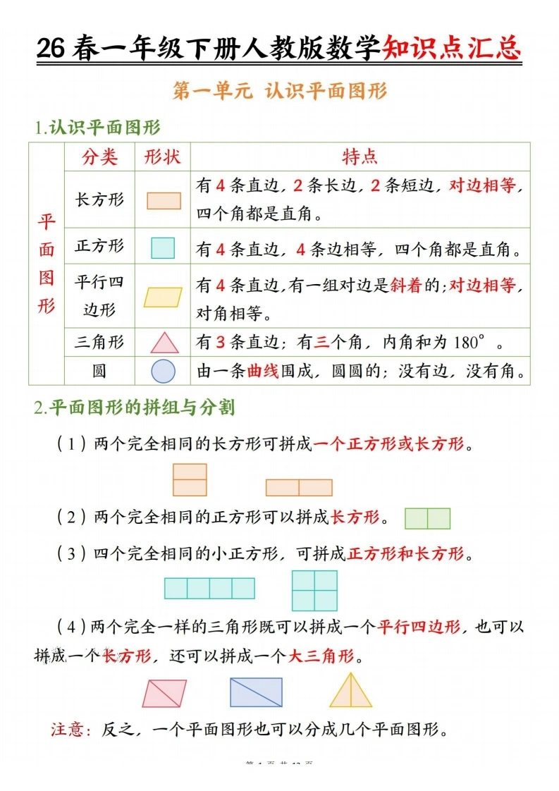 一年级下册人教版数学知识点汇总