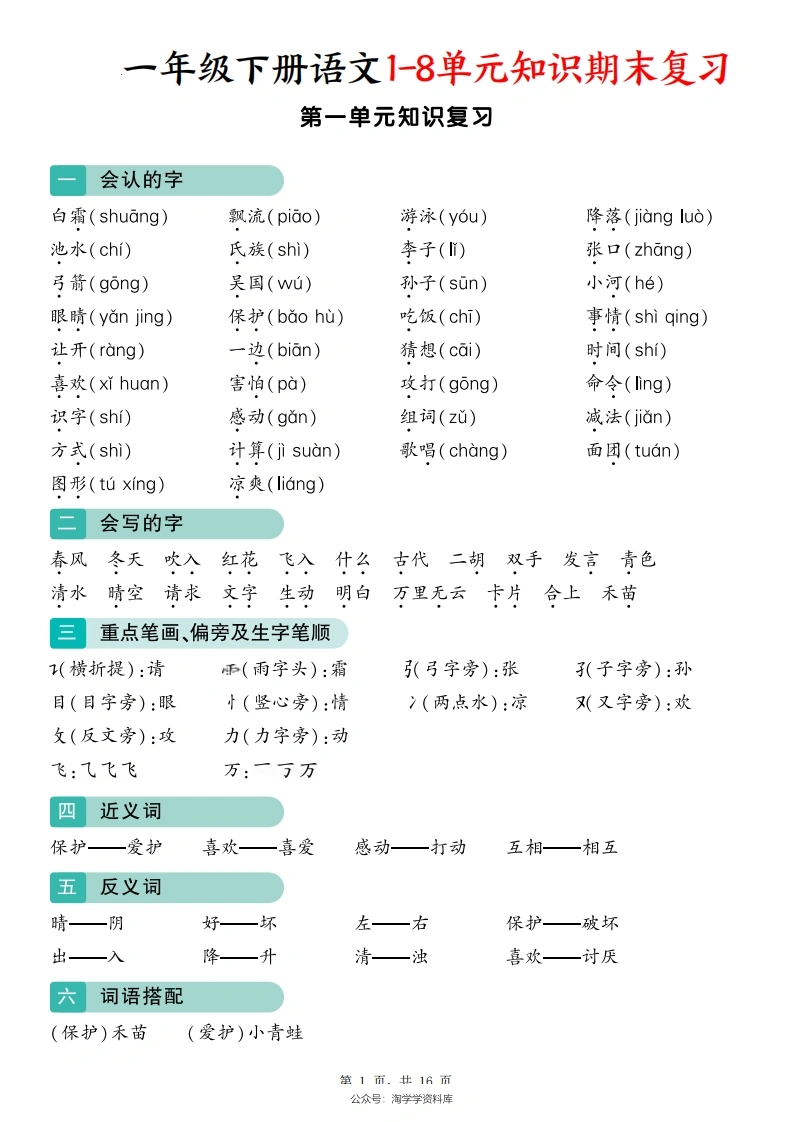 一年级下册语文1-8单元知识期末复习