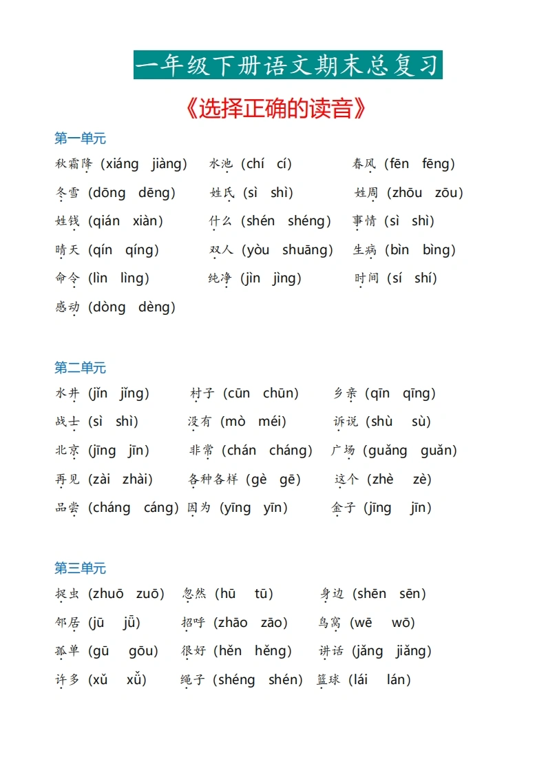 一年级下册语文《选择正确的读音》专项-学芽网