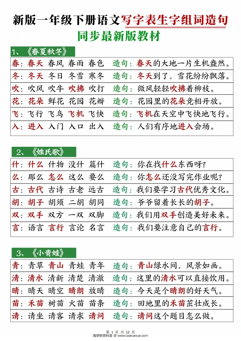 一年级下册语文写字表生字组词造句