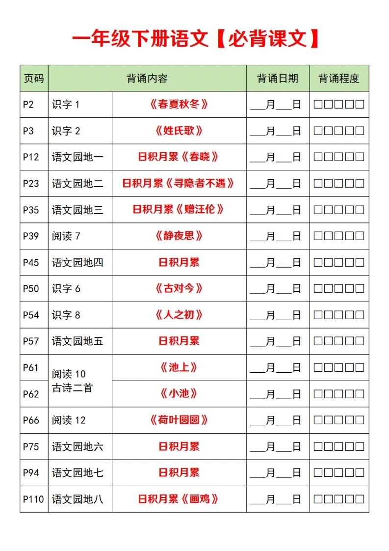 一年级下册语文必背课文