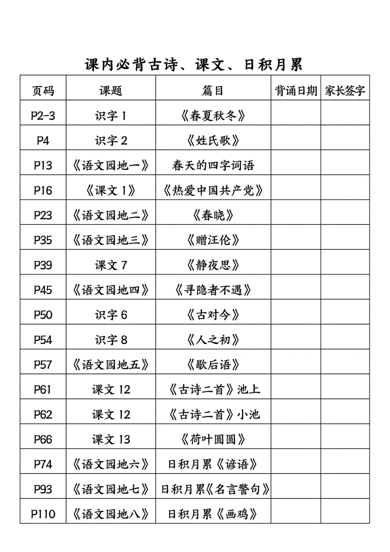 一年级下册语文必背闯关表(古诗、课文、日积月累)