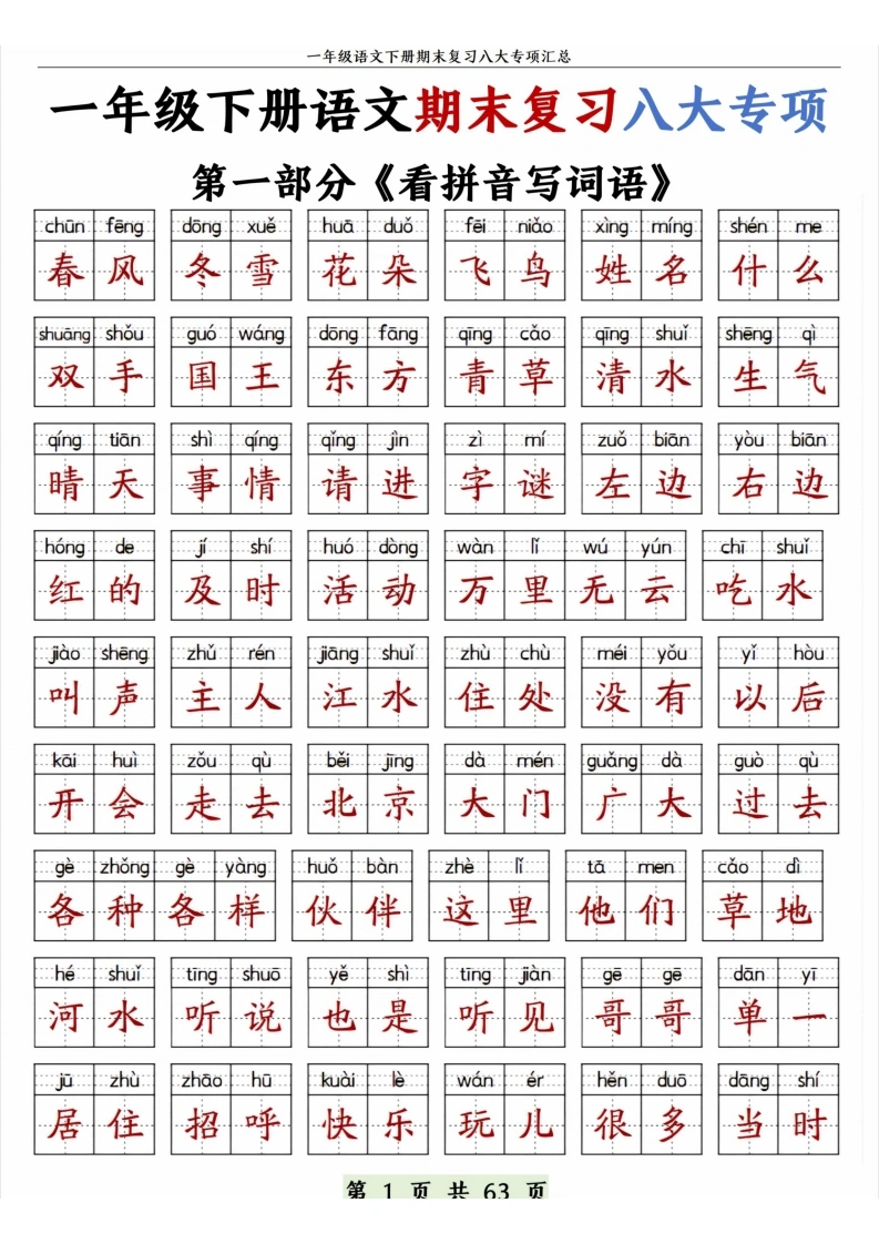 一年级下册语文期末复习八大专项