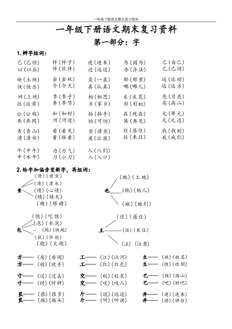 一年级下册语文期末复习资料整理-学芽网
