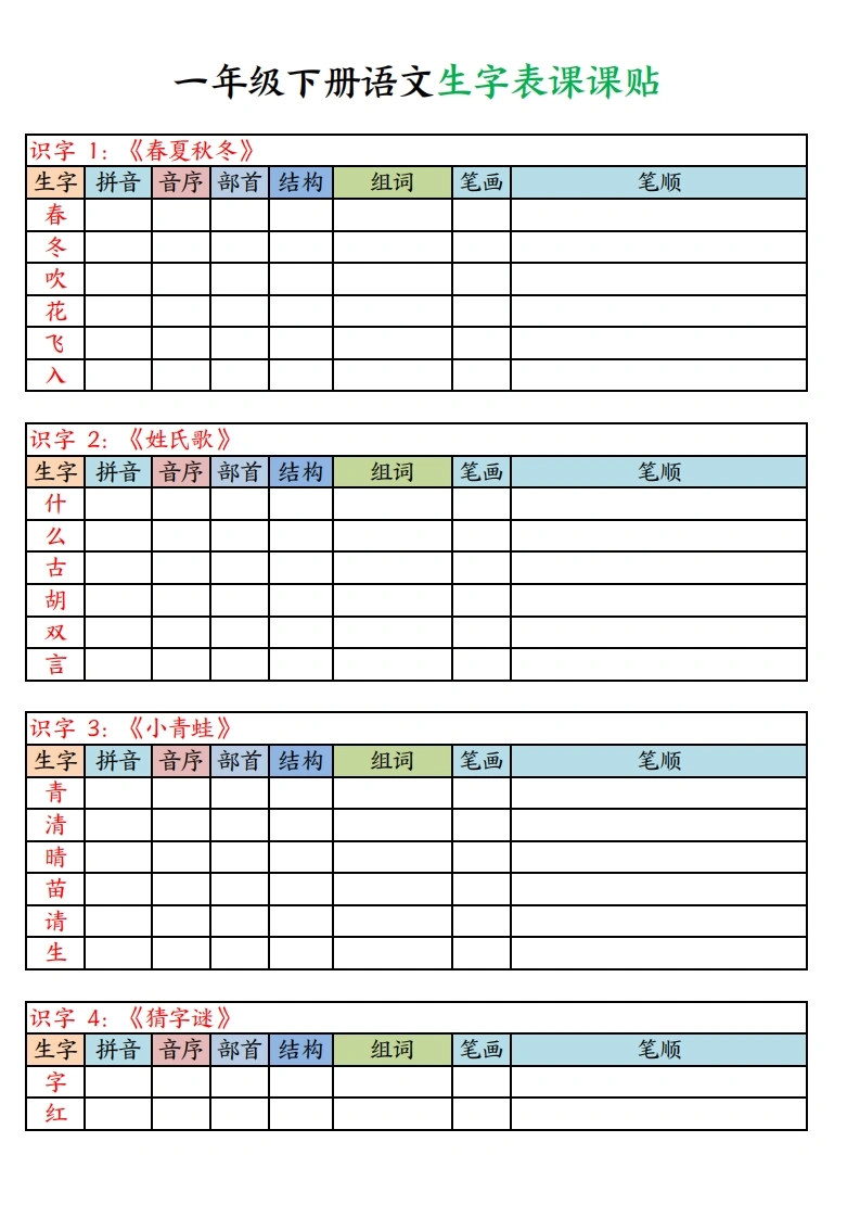 一年级下册语文生字表课课贴空白