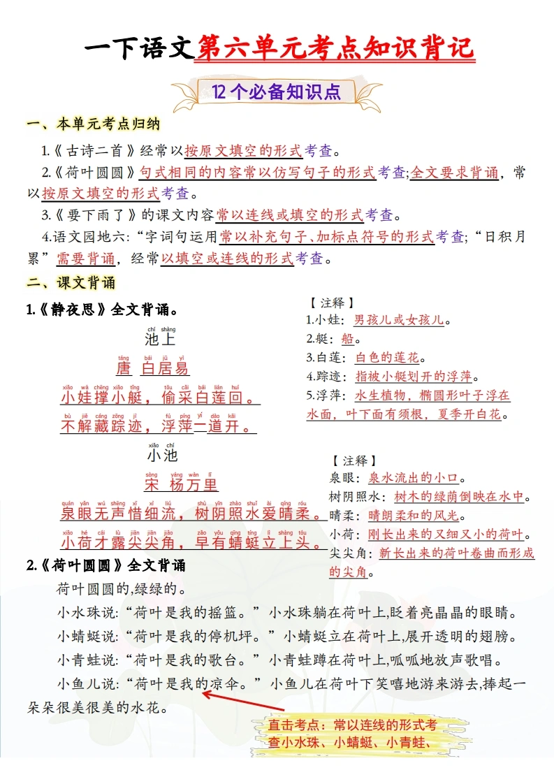 一年级下册语文第六单元考点知识背记-12个必背知识点