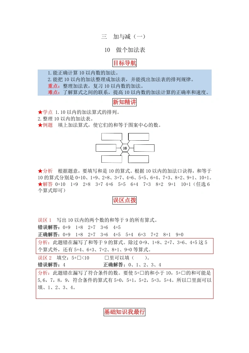 一年级数学上册【同步讲练】3.加与减（一）第十课时做个加、减法表教材详解、分层训练（含答案）(北师大版)-学芽网