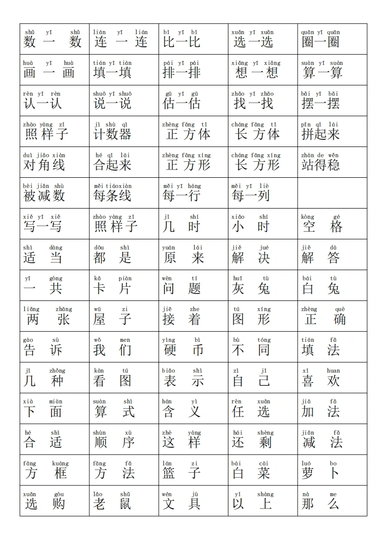 一年级数学上册必须熟读的数学生字表拼音版