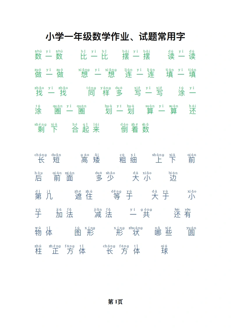 一年级数学试题常用字整理-学芽网