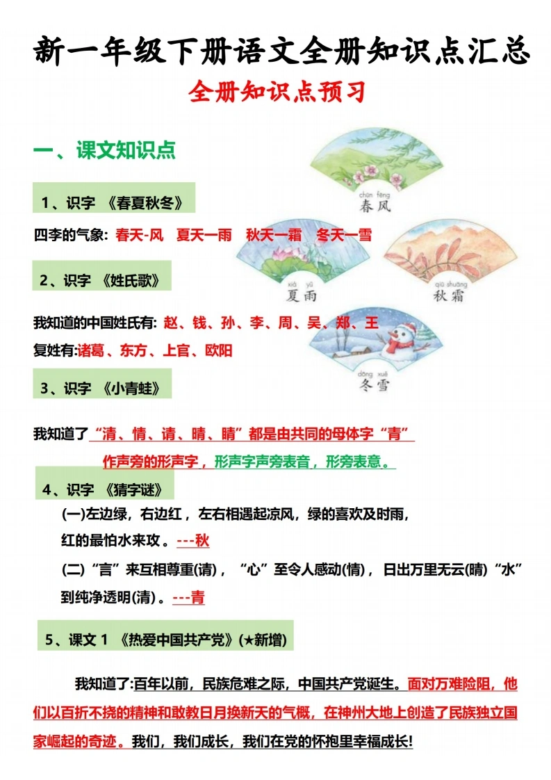一年级语文下册全册知识点总结