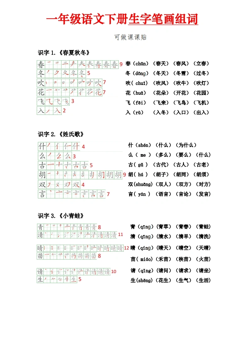 一年级语文下册生字笔顺组词（可做课课贴）
