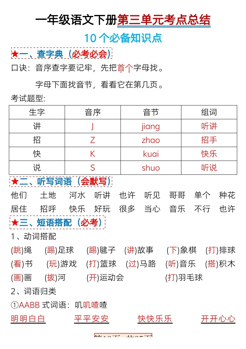 一年级语文下册第三单元考点总结及练习-10个必备知识点（版二）