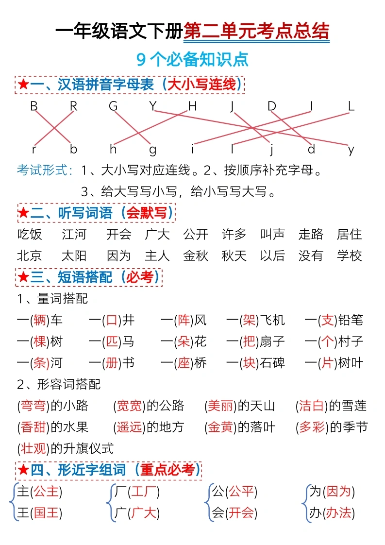 一年级语文下册第二单元考点总结及练习-9个必备知识点（版二）