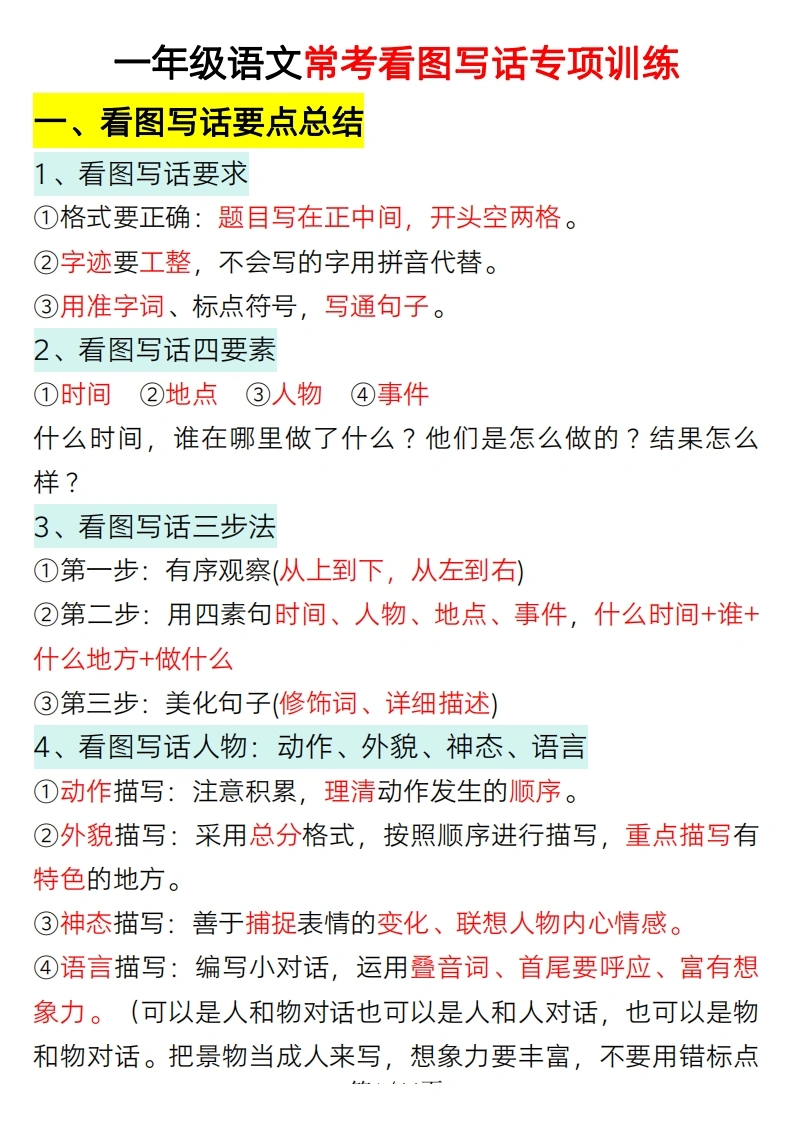 一年级语文常考看图写话专项训练（要点总结、写话训练）