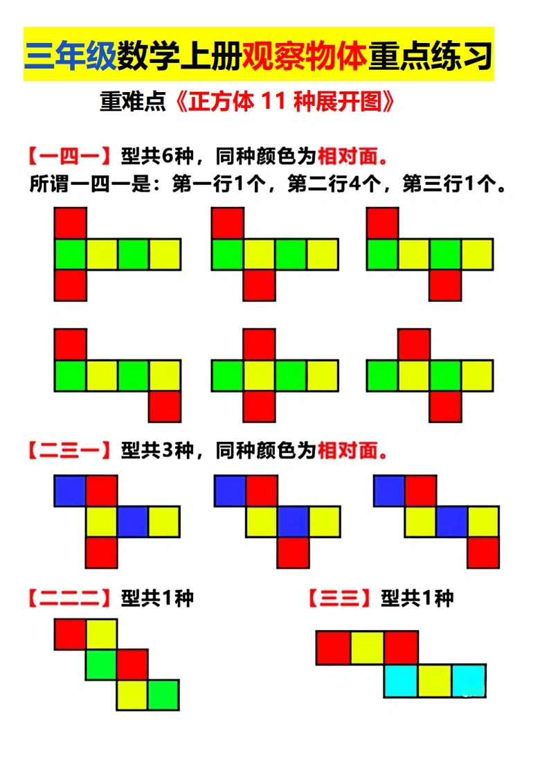 三年级数学上册观察物体重点练习，长方体正方体展开图-学芽网