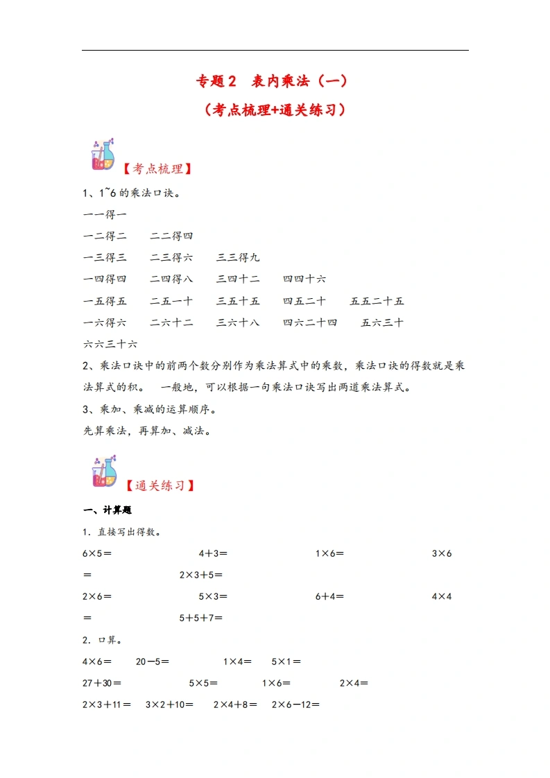 专题2表内乘法（一）-二年级上册数学计算大通关（苏教版）-学芽网