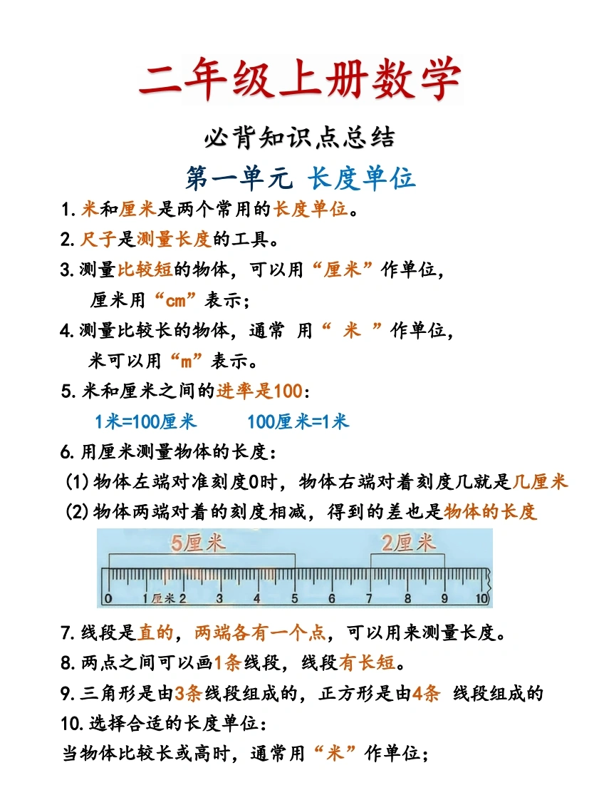 二年级上册数学必背知识点总结（人教版）-学芽网