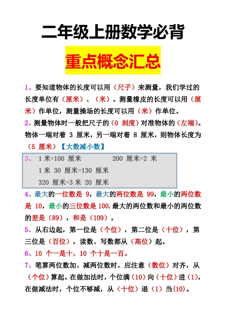 二年级上册数学必背重点概念汇总-学芽网