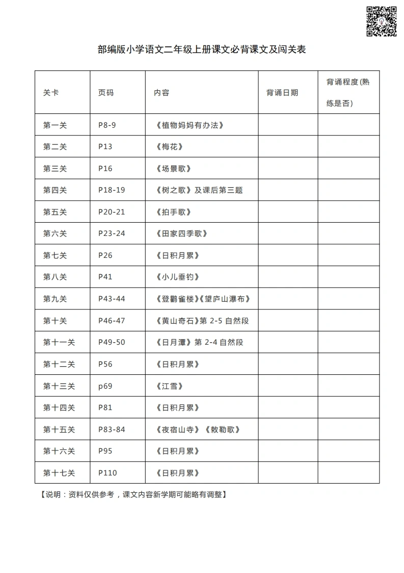 二年级上册背诵课文内容及闯关表-学芽网