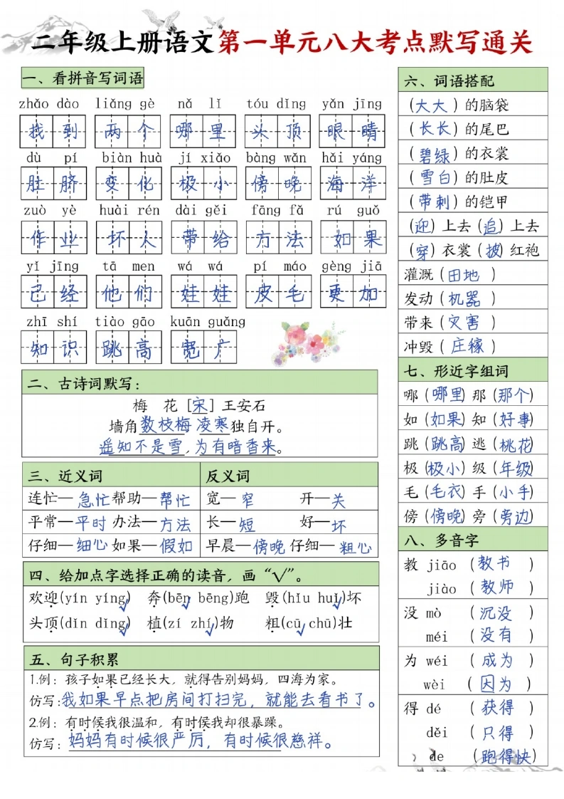 二年级上册语文1-8单元八大考点默写通关-学芽网