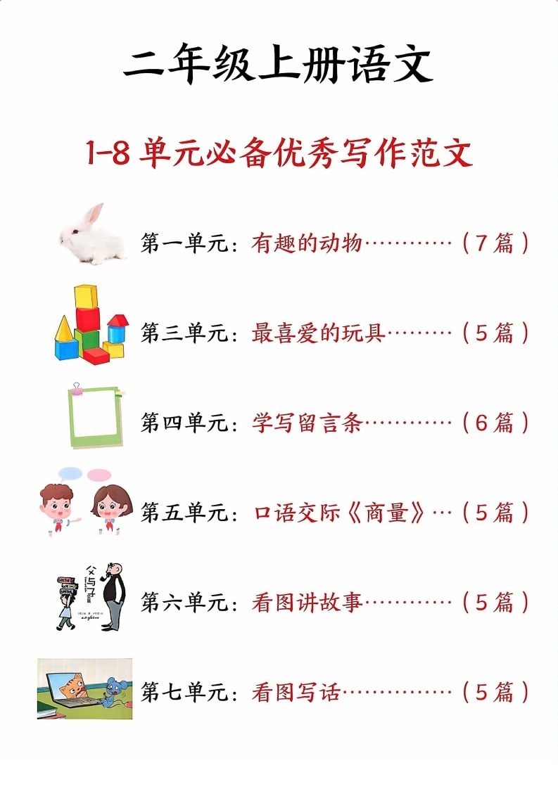 二年级上册语文1-8单元必备优秀写作范文-学芽网