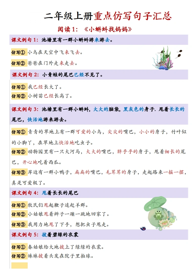 二年级上册语文1-8单元重点仿写句子汇总-学芽网