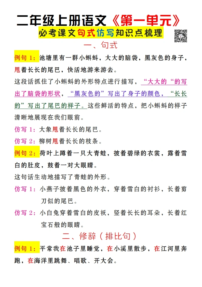 二年级上册语文《第一单元》必考课文句式仿写知识点梳理-学芽网